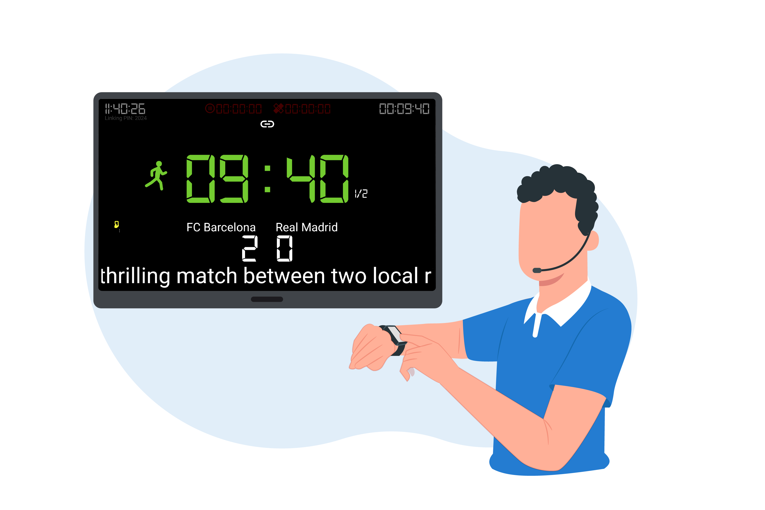 Referee with smartwatch and scoreboard